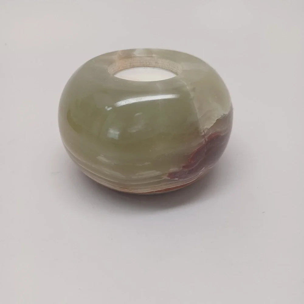 Polished Alabaster Onyx Stone Tea Light Candle Holder Green Brown‎ Round Sphere
